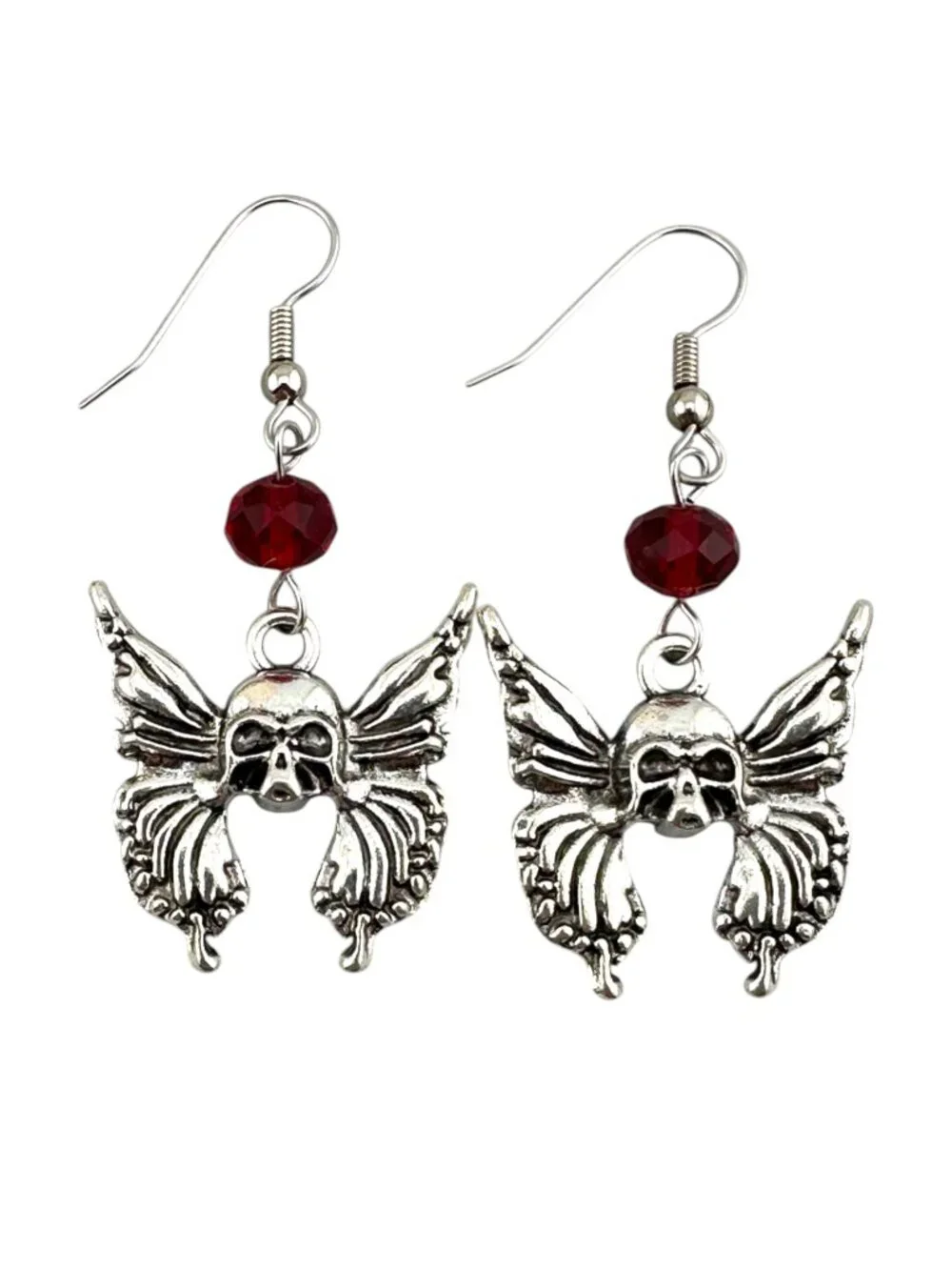 Winged Skull Earrings Red Crystal Gothic Halloween Silver Tone Dangle